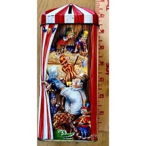 Vintage Churchill's The Puppet Show Tin money bank box Circus Clown metal 3-D 7"